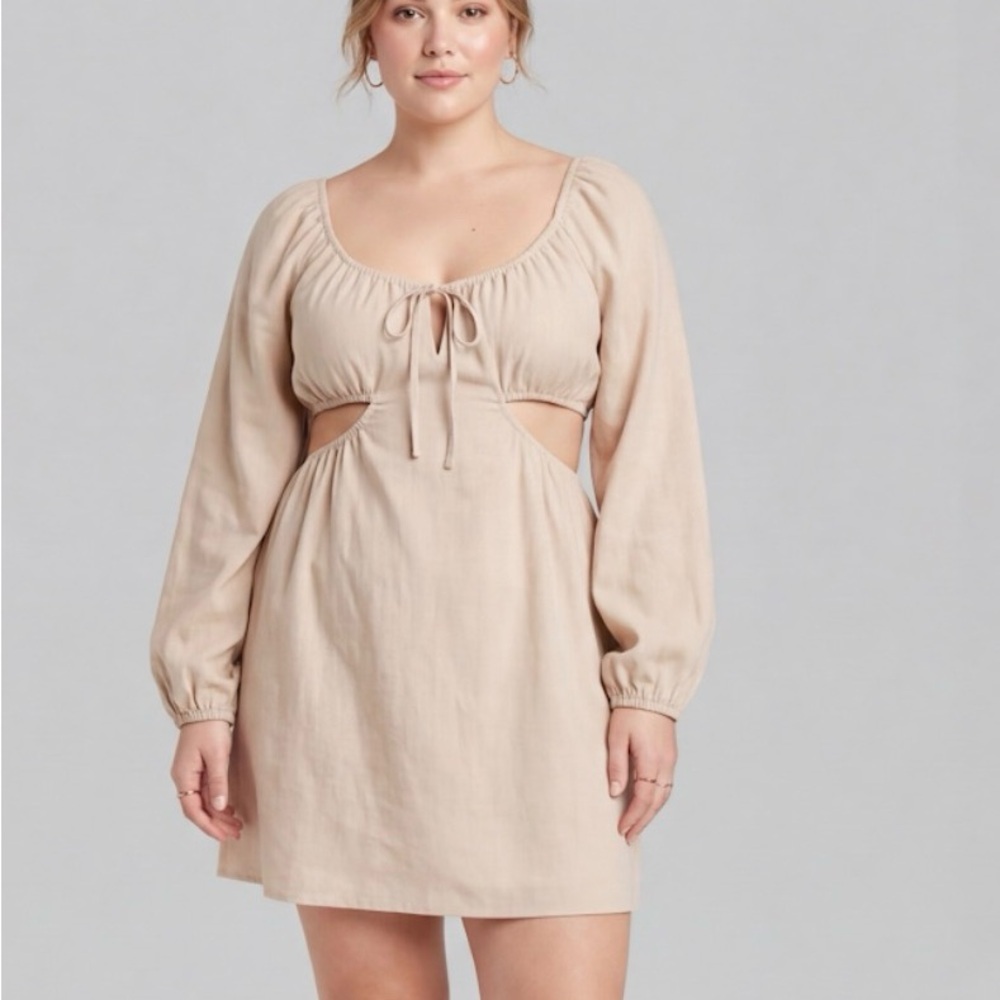 Wild Fable‎ XXL Linen Blend Cut Out Mini Dress NWT Boho Cottagecore Light Taupe